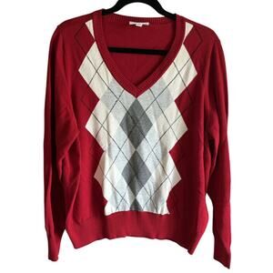 St John Bay Women Sweater Argyle Long Sleeve Cotton Red Size XL